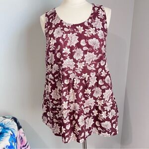 J. Jill Love Linen M Burgundy Floral Sleeveless Tank Tunic Shirt Blouse